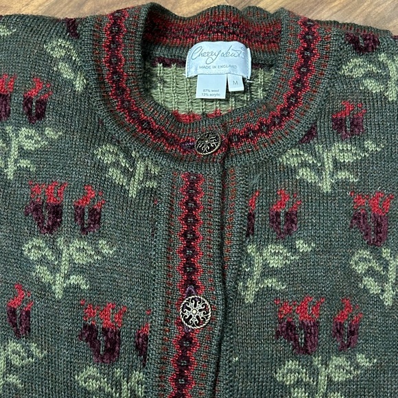 Vintage Cherry Lewis Women's M Wool Blend Floral Nordic Patter Cardigan Sweater - Picture 7 of 13